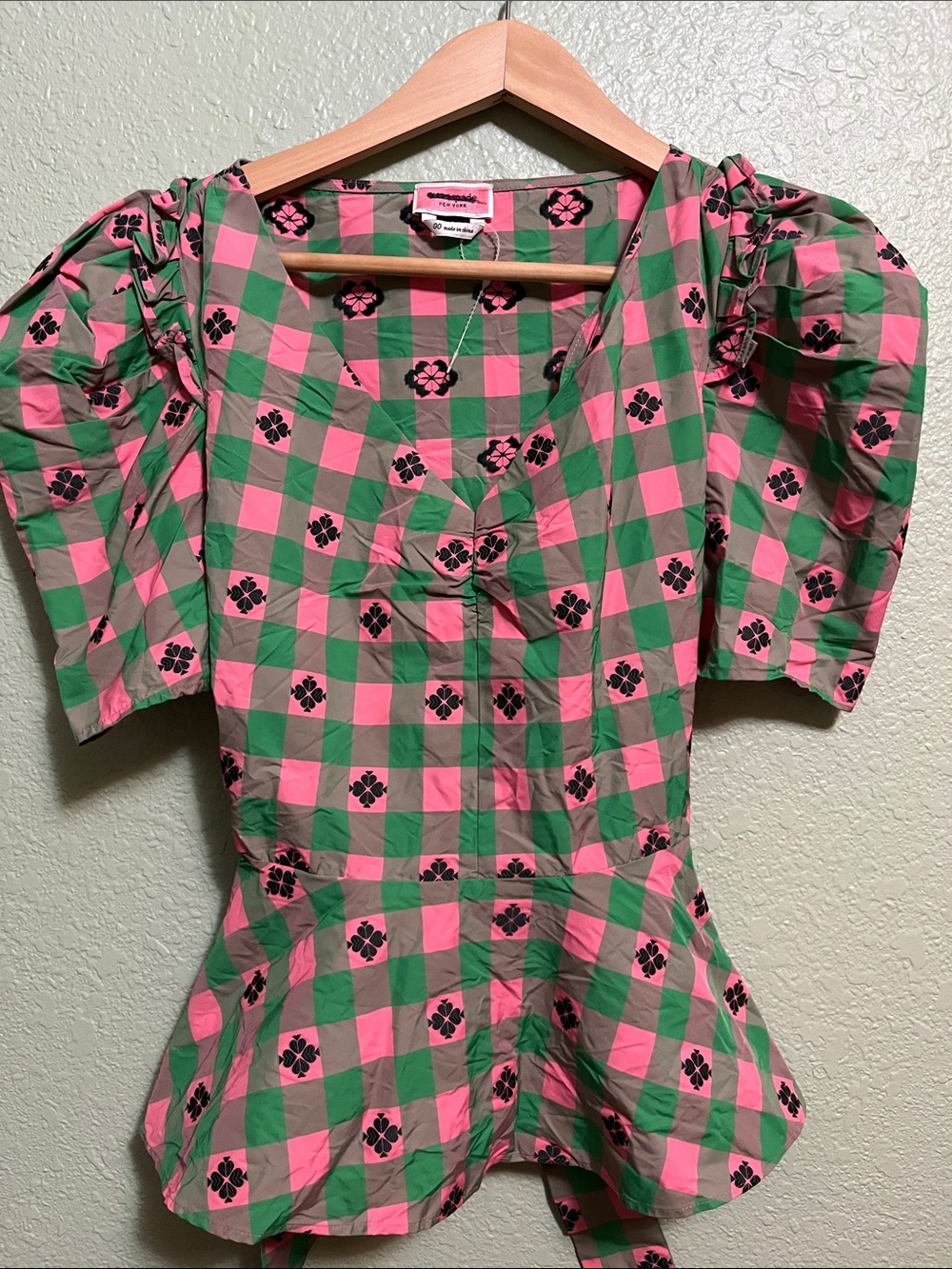 NWT Kate Spade Green & Pink Gingham Spade Blouse Sz 00
